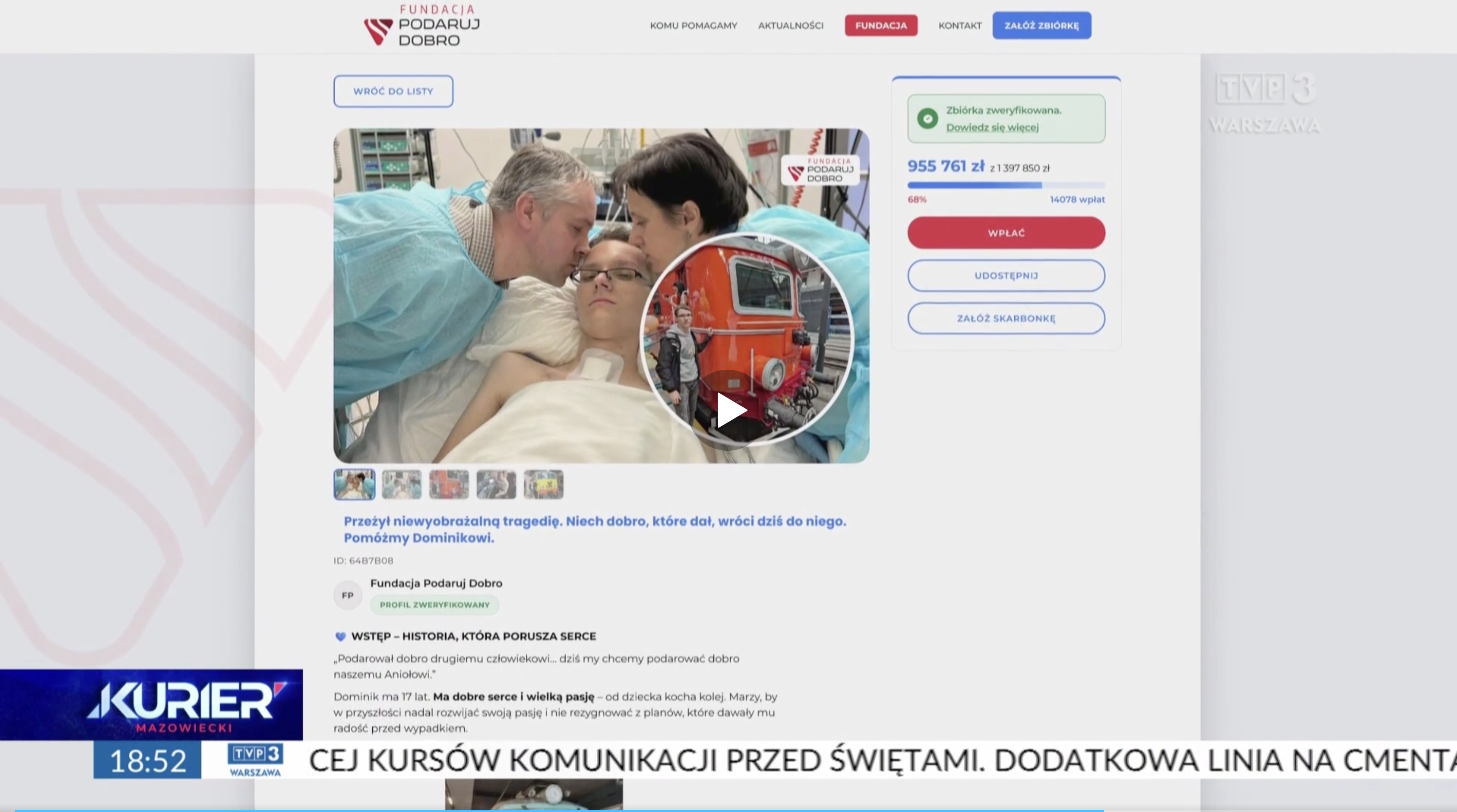 Dominik's fundraiser on podarujdobro.pl as featured on TVP Warszawa Kurier Mazowiecki
